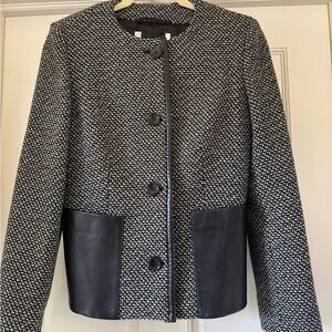 MaxMara Women's Black and White Wool  Jacket with Leather Trim and Pockets